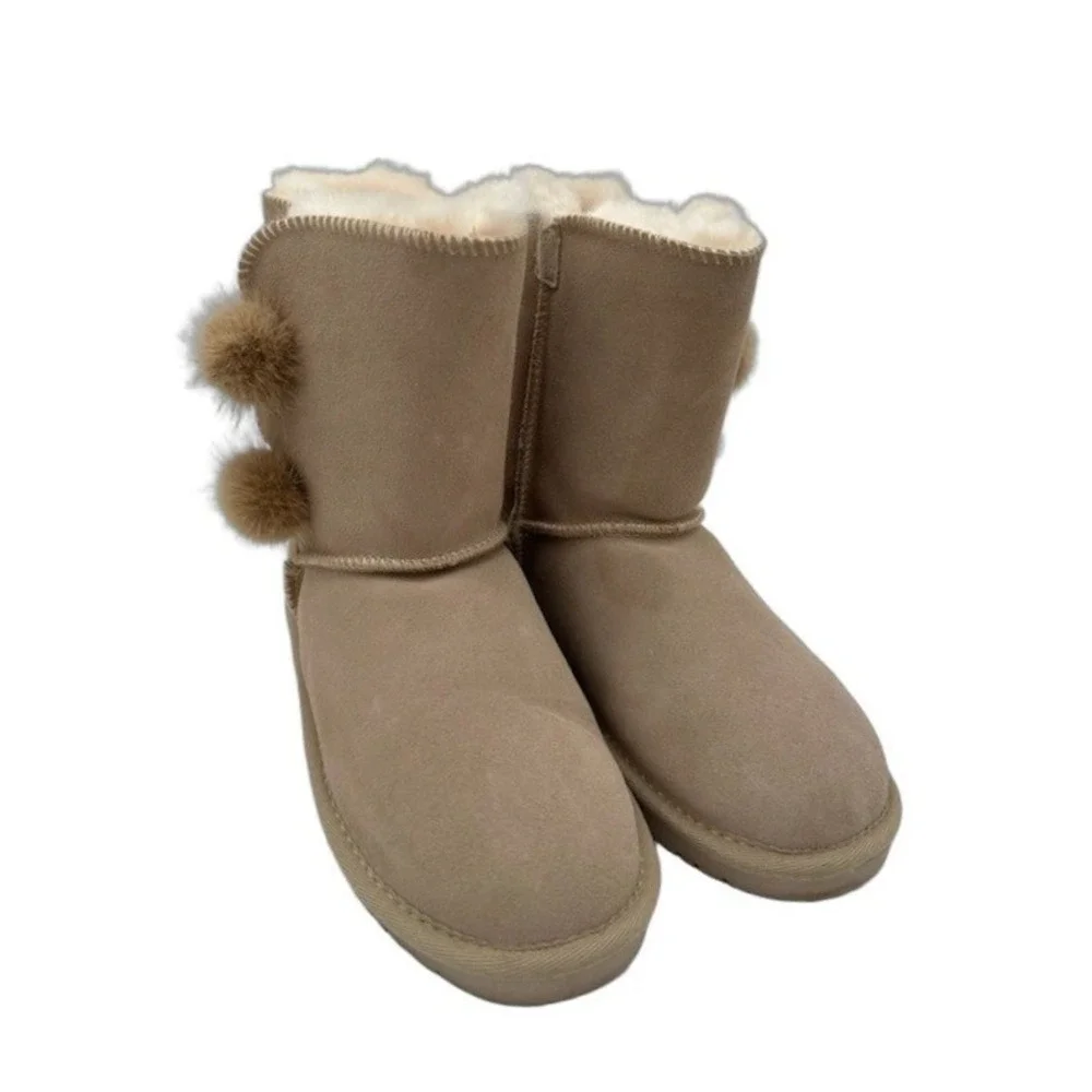 Dream Pairs Mid Calf Boots Youth Size 4 Fur Pom Pom Tan Suede Toggle Shearling